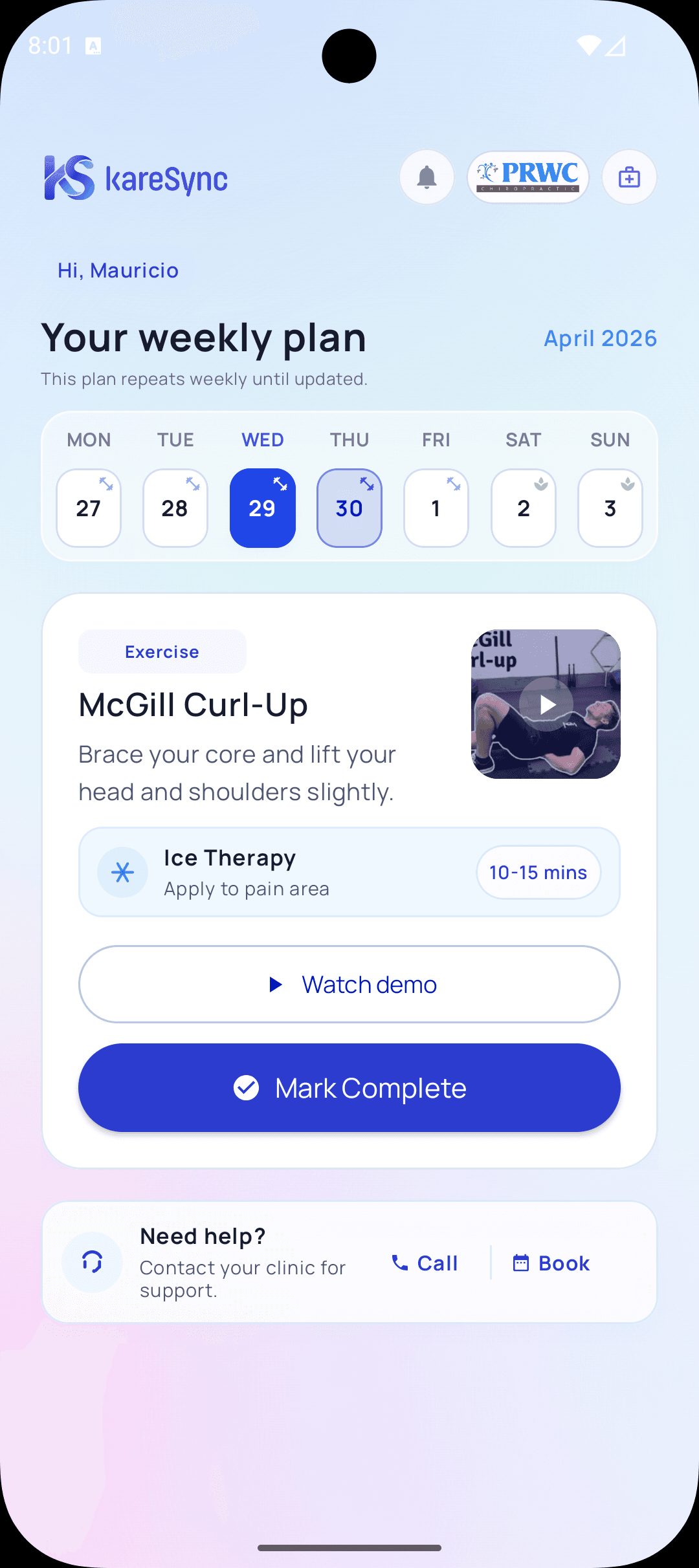 KareSync app showing a weekly care plan with McGill Curl-Up exercise and ice therapy for April 2026